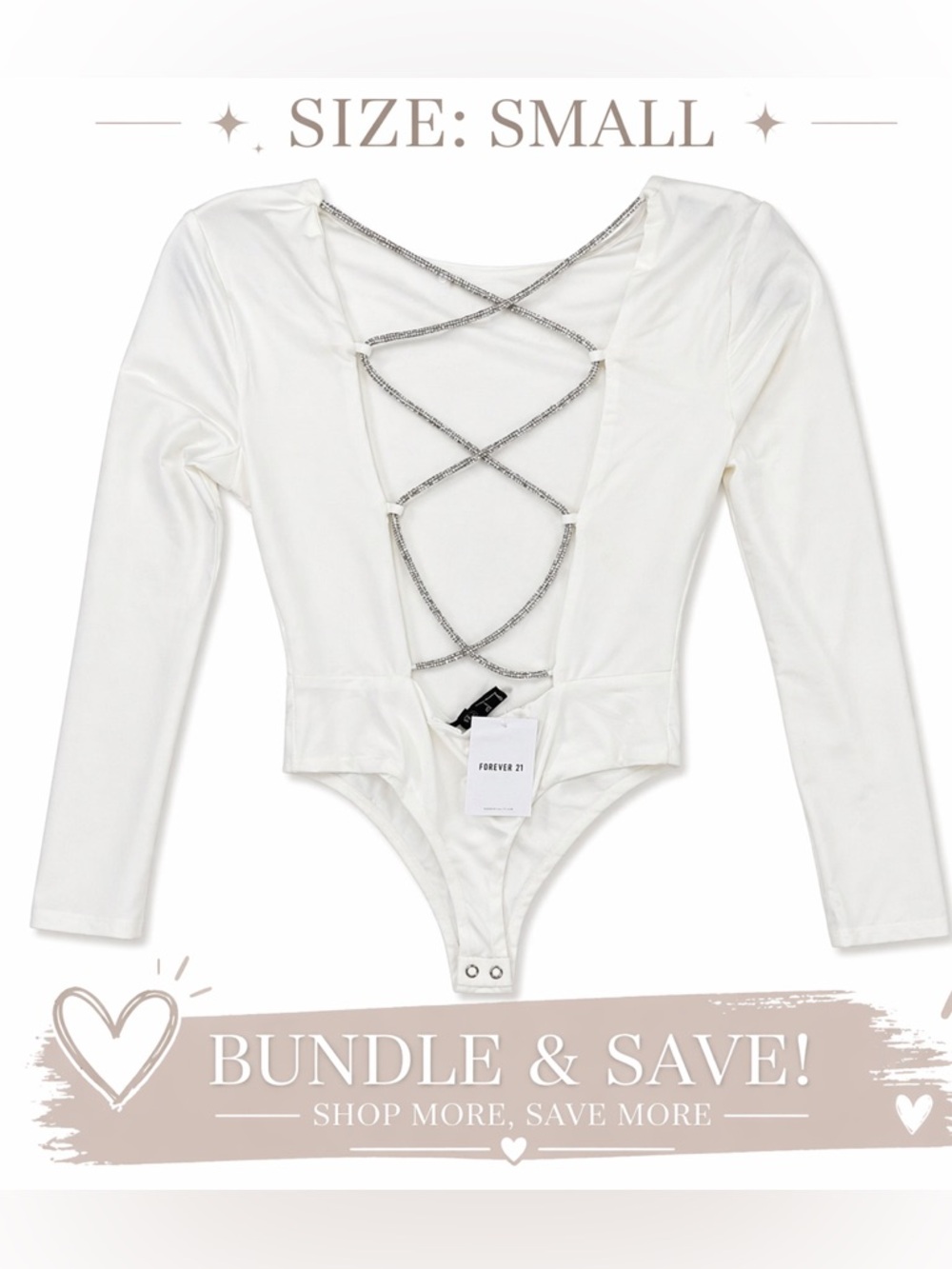 NWT Forever 21 White Rhinestone Back Bodysuit Long Sleeve Size Small